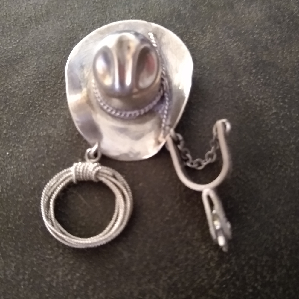 Vintage Sterling Silver Cowboy Hat Pin and Earrings